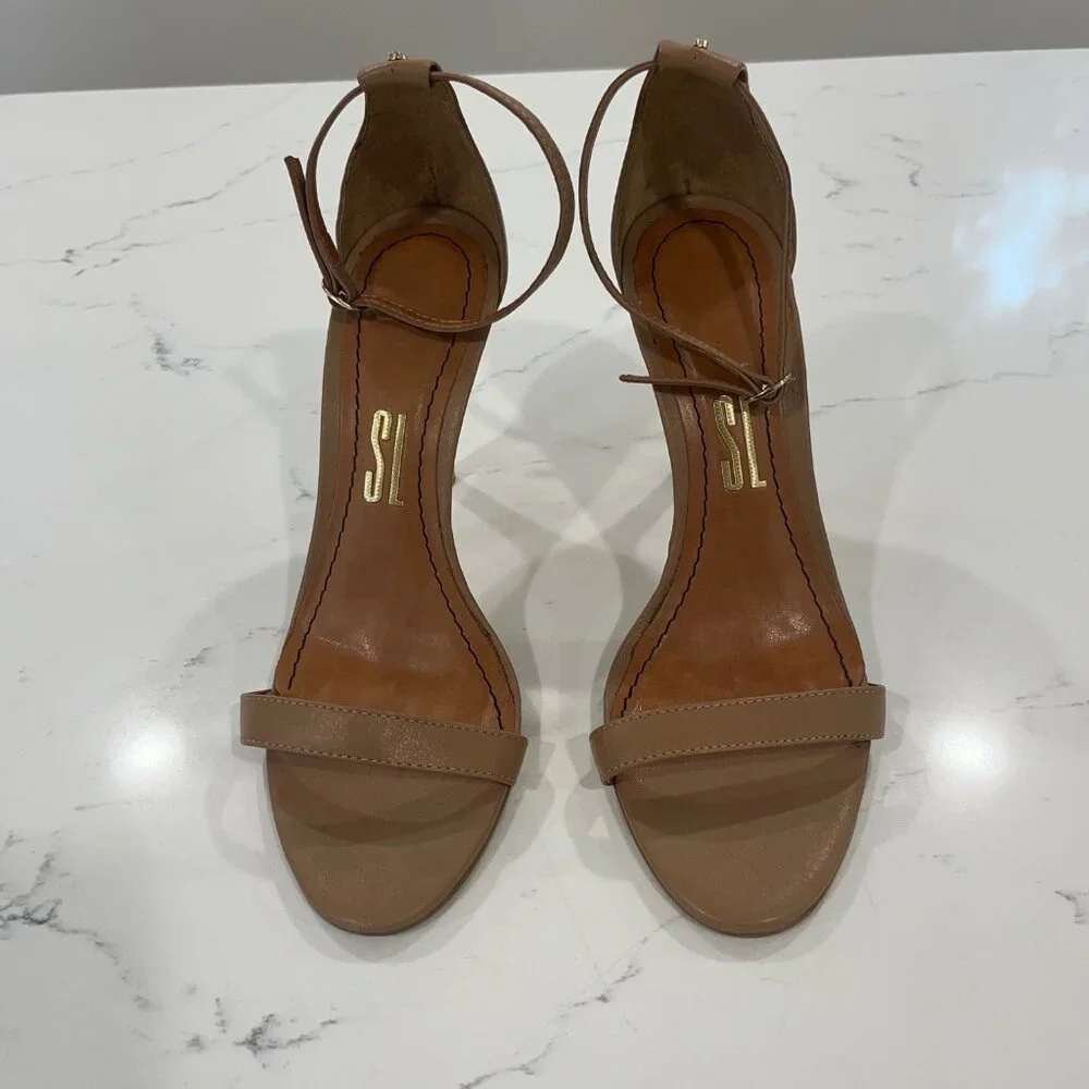 Minimalist Tan Ankle-Strap Stiletto Heels